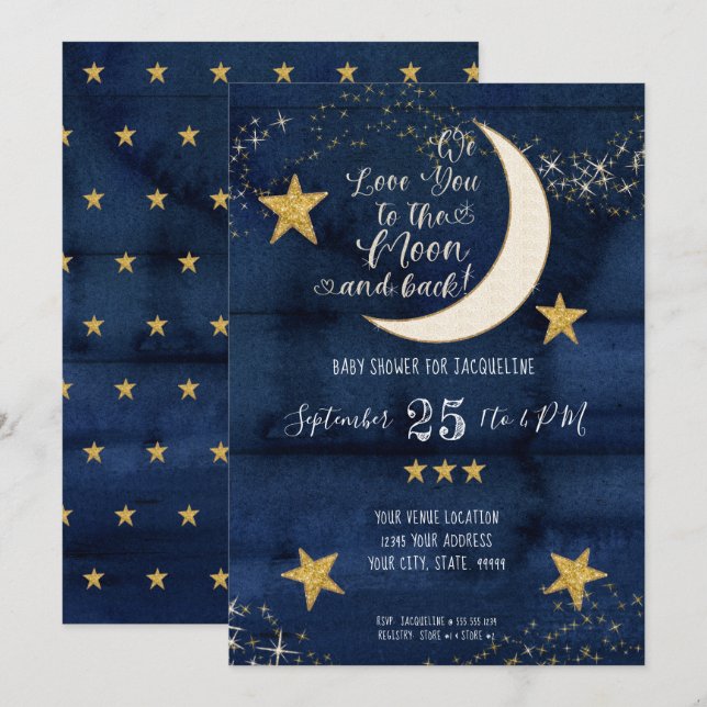 Invitación Navy Twinkle Little Star Moon Love Boy Baby Shower (Anverso / Reverso)