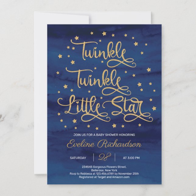Invitación Navy Twinkle Twinkle Little Star Baby Shower (Anverso)