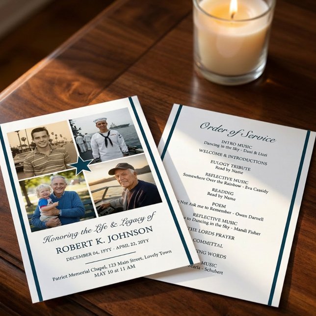 Invitación Navy Veteran 4 Photo Collage Flat Funeral Program (Double sided Order of Service funeral program 4 photos - designed for Navy Veteran or ex-serviceman)