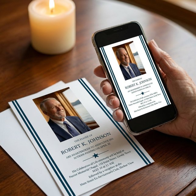 Invitación Navy Veteran Photo Digital Death Notice Funeral (Death and Celebration of Life announcement - available printed or digital download for sharing)