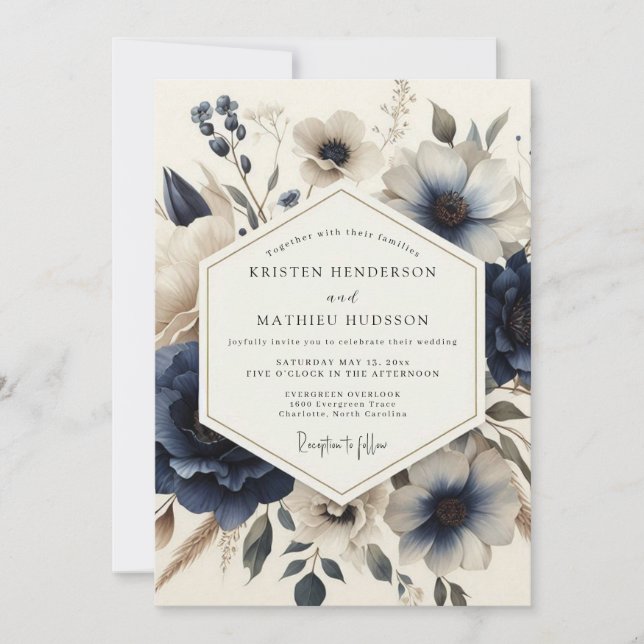 Invitación Navy Vintage Blossom Wedding (Anverso)