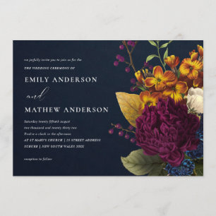 INVITACIÓN NAVY VINTAGE RETRO BURGUNDY BODA DE FLORES AMARILL