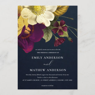 INVITACIÓN NAVY VINTAGE RETRO BURGUNDY BODA DE FLORES AMARILL