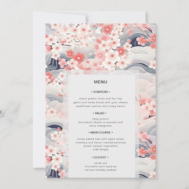 Invitación Navy Waves Sakura Floral Modern Wedding Menu (Anverso)