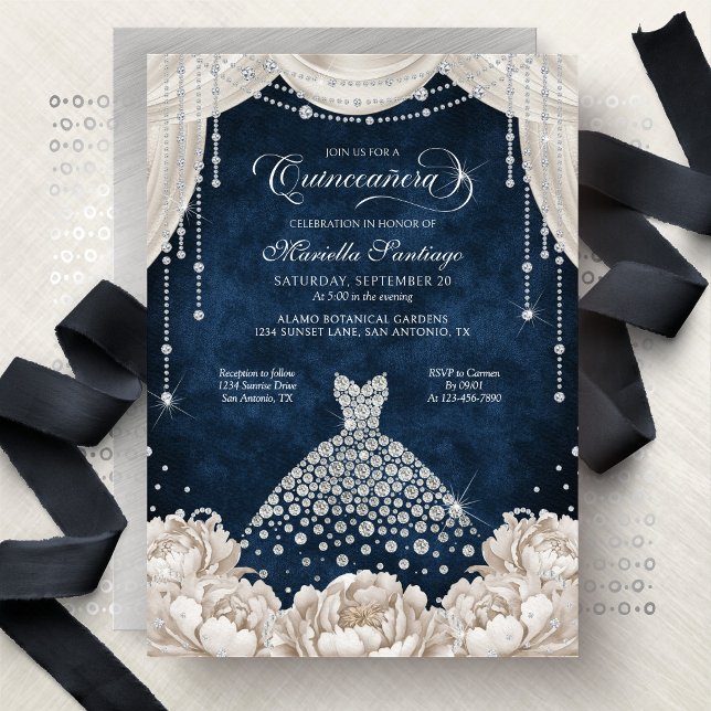 Invitación Navy White Diamond Floral Quinceanera Invitation (Subido por el creador)
