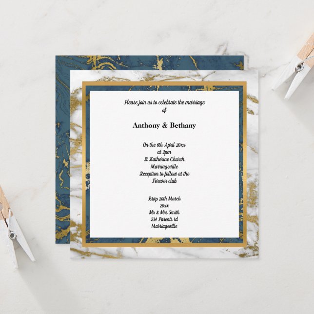 INVITACIÓN NAVY WHITE GOLD MARBLE BODA (Anverso/Reverso In Situ)