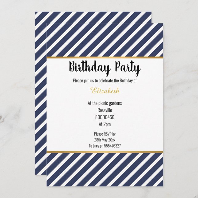 INVITACIÓN NAVY WHITE GOLD STRIPED PATTERNEN CUMPLEAÑOS (Anverso / Reverso)