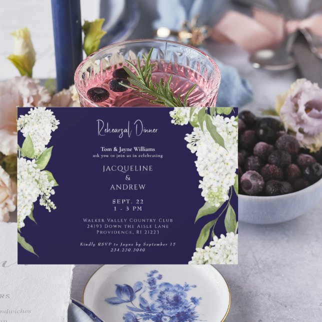 Invitación Navy White Hydrangeas Rehearsal Dinner (Subido por el creador)
