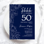 Invitación Navy White Surprise 50 cumpleaños<br><div class="desc">Invitación de cumpleaños número 50 de Navy White de sorpresa. El diseño femenino moderno minimalista presenta acentos botánicos y tipografía. Sencilla tarjeta de invitación floral perfecta para una elegante celebración de cumpleaños sorpresa femenina. Invitaciones Zazzle impresas o una plantilla imprimible digital de descarga instantánea.</div>