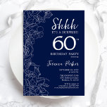 Invitación Navy White Surprise Cumpleaños 60<br><div class="desc">Invitación de cumpleaños número 60 de la Marina White Surprise. El diseño femenino moderno minimalista presenta acentos botánicos y tipografía. Sencilla tarjeta de invitación floral perfecta para una elegante celebración de cumpleaños sorpresa femenina. Invitaciones Zazzle impresas o una plantilla imprimible digital de descarga instantánea.</div>