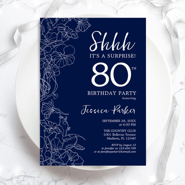 Invitación Navy White Surprise Cumpleaños 80 (Subido por el creador)