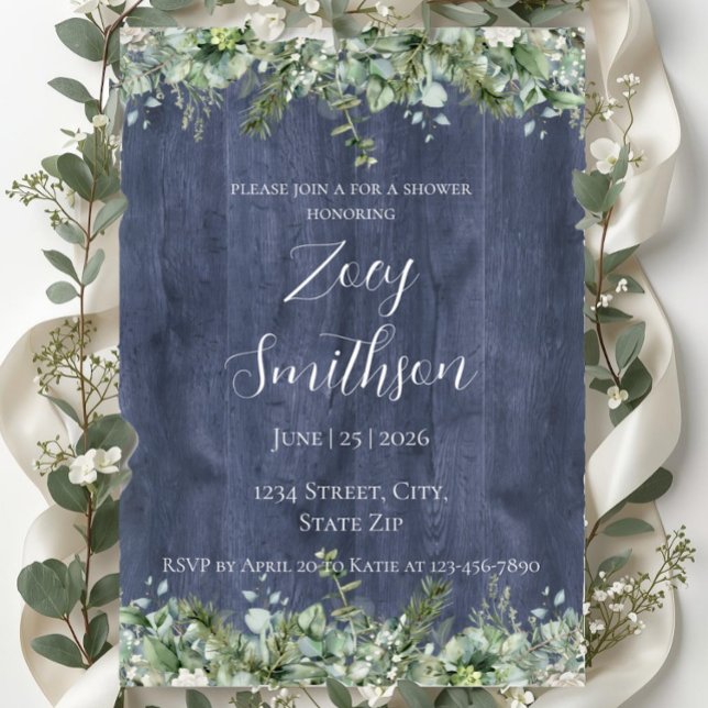 Invitación Navy Wood Eucalyptus Bridal Shower Invitation (Subido por el creador)
