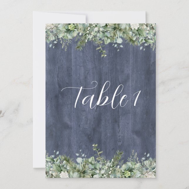Invitación Navy Wood Eucalyptus Wedding Table Numbers (Anverso)