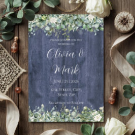 Invitación Navy Wood Eucalyptus White Floral Wedding