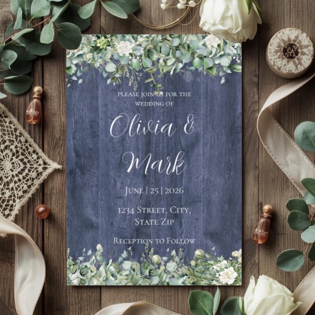 Invitación Navy Wood Eucalyptus White Floral Wedding (Subido por el creador)