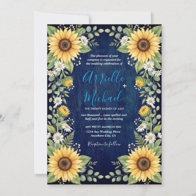 Invitación Navy Wood Sunflower Wedding Invitation Rustic (Anverso)