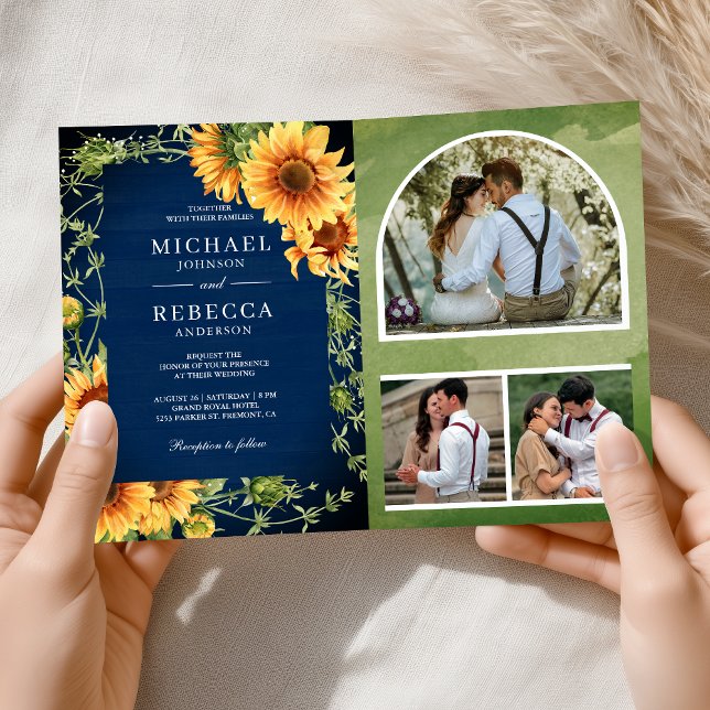 Invitación Navy Wood Sunflowers Photo Arch QR Code Wedding (Subido por el creador)
