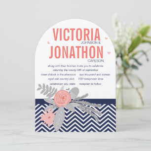 Invitación Navy y Coral Zigzag Chevron Boda Floral