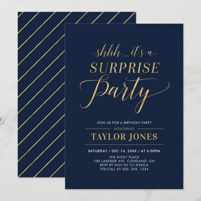 Invitación Navy y dorado | Fiesta de cumpleaños sorpresa mode (Anverso / Reverso)