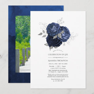 Invitación Navy y Faux Glitter Celebración de la Vida Plata
