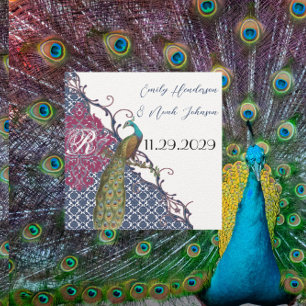 Invitación Navy y frambuesa Pavo Real Damask Salva la Fecha