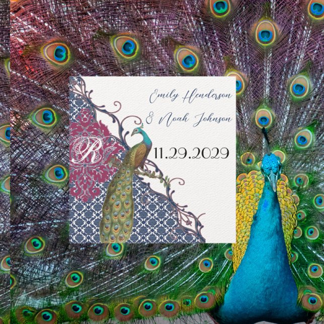 Invitación Navy y frambuesa Pavo Real Damask Salva la Fecha (Subido por el creador)