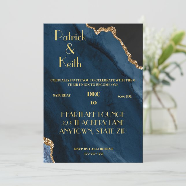 INVITACIÓN NAVY Y GOLD AGATE WEDDING INVITE, GAY BODA (Anverso de pie)