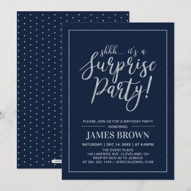 Invitación Navy y Plata | Fiesta de Cumpleaños Sorpresa Moder (Anverso / Reverso)