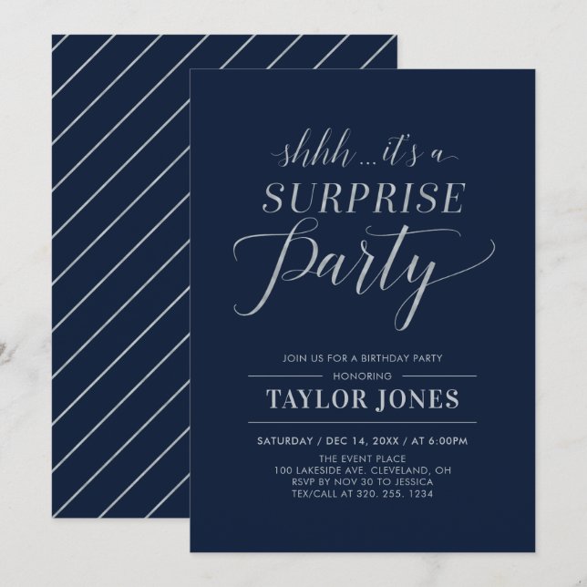 Invitación Navy y plata | Fiesta de cumpleaños sorpresa moder (Anverso / Reverso)