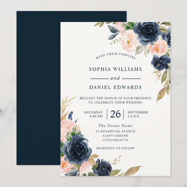 Invitación Navy y Rubor Elegant All Seasons Boda (Anverso / Reverso)