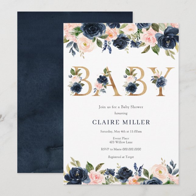 Invitación Navy y Rubor Floral Baby Shower (Anverso / Reverso)