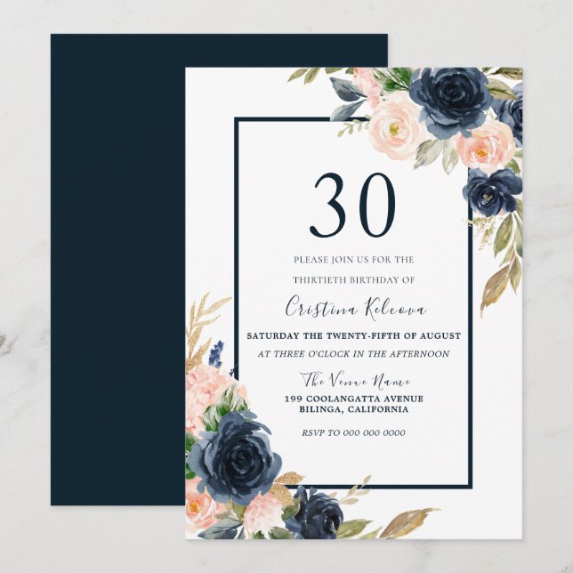 Invitación Navy y Rubor Floral Elegant 30 cumpleaños Fiesta (Anverso / Reverso)