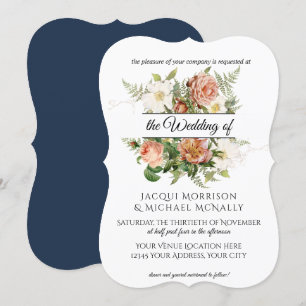 Invitación Navy y Rubor Peony, Rosas con Fern Wreath Boda