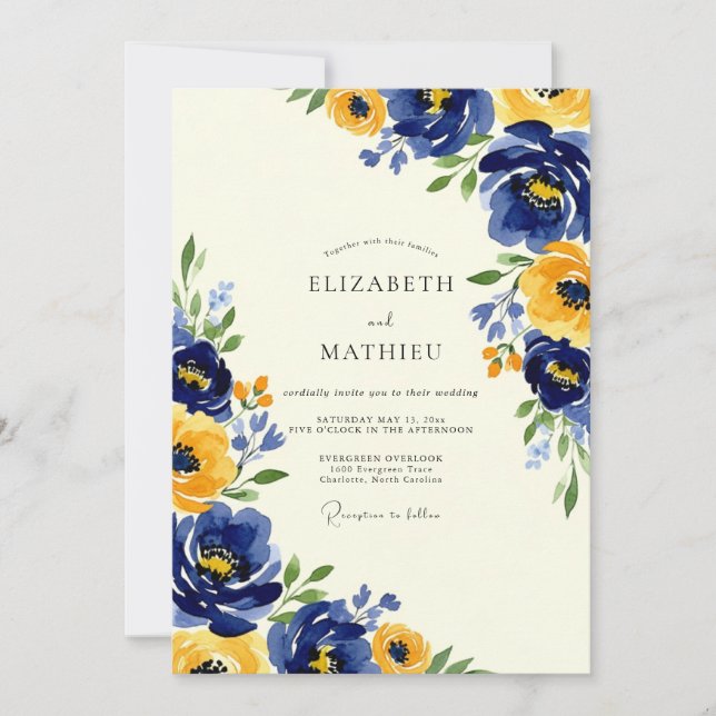 Invitación Navy Yellow Artistic Spring Wedding (Anverso)
