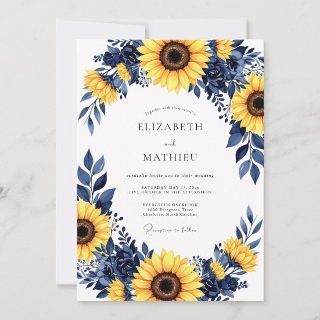 Invitación Navy Yellow Bold Sunflower Wedding (Anverso)