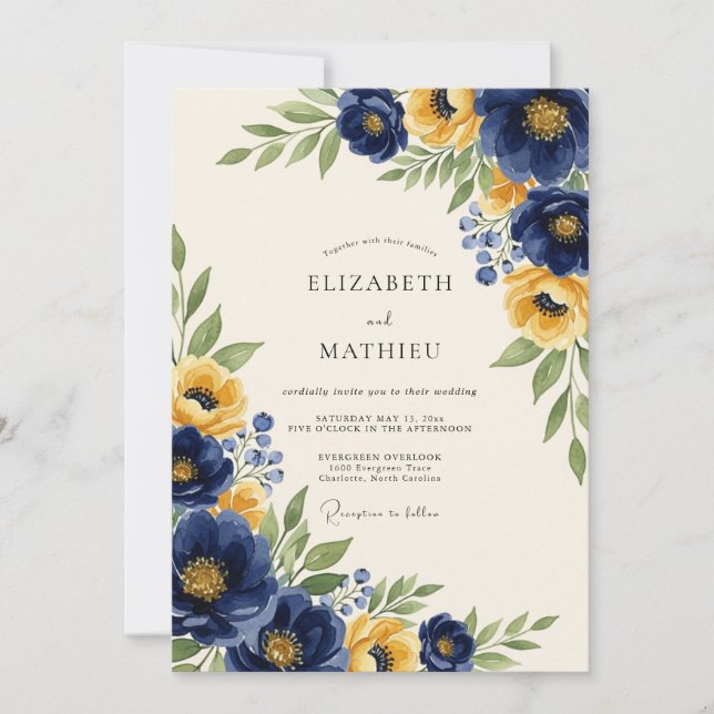 Invitación Navy Yellow Classic Botanical Wedding (Anverso)