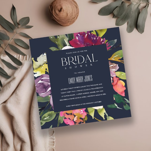 INVITACIÓN NAVY YELLOW RUBOR BURGUNDY FLORAL BRIDAL SHOWER (Subido por el creador)