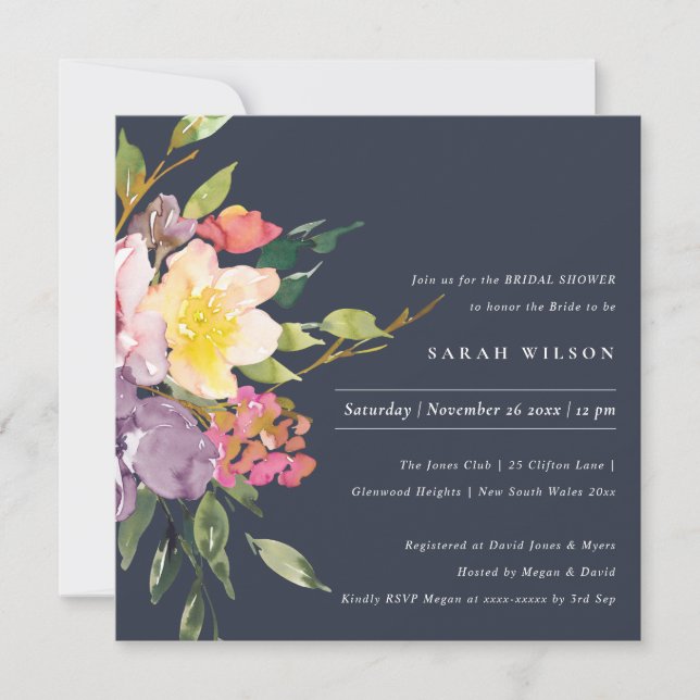 INVITACIÓN NAVY YELLOW RUBOR BURGUNDY FLORAL BRIDAL SHOWER (Anverso)