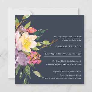 INVITACIÓN NAVY YELLOW RUBOR BURGUNDY FLORAL BRIDAL SHOWER
