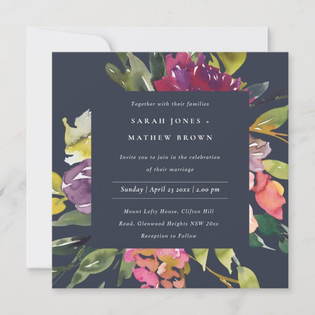 INVITACIÓN NAVY YELLOW RUBOR BURGUNDY FLORAL BUNCH BODA (Anverso)