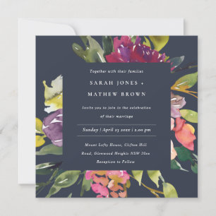 INVITACIÓN NAVY YELLOW RUBOR BURGUNDY FLORAL BUNCH BODA