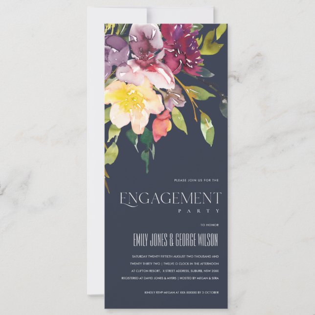 INVITACIÓN NAVY YELLOW RUBOR BURGUNDY FLORAL ENGAGAGEMENT (Anverso)
