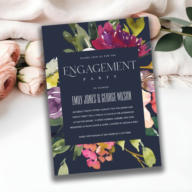 INVITACIÓN NAVY YELLOW RUBOR BURGUNDY FLORAL ENGAGAGEMENT (Subido por el creador)