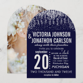 Invitación Navy Your Photo Confetti Modern Typography