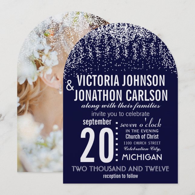 Invitación Navy Your Photo Confetti Modern Typography (Anverso / Reverso)