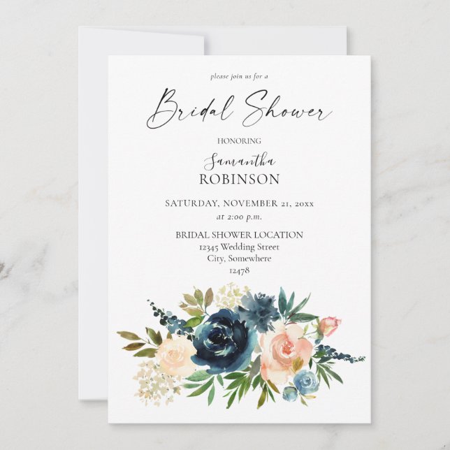 Invitación Nayv, Dusty Blue & Rubor Floral Floral Bridal Show (Anverso)