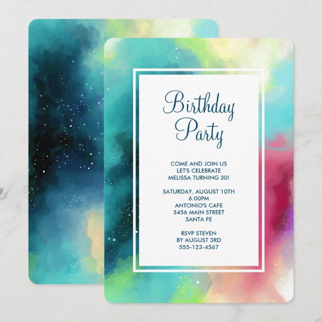 Invitación Nebulosa color verde y rojo moderno (Anverso / Reverso)