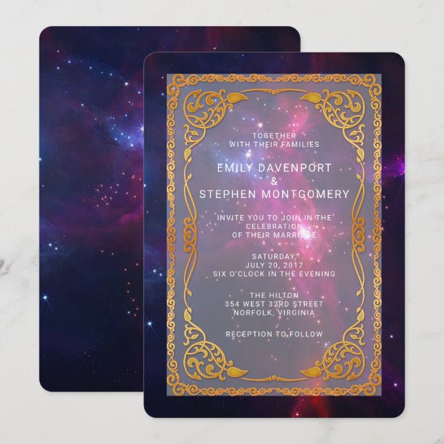 Invitación Nebulosa del espacio cósmico con boda de marco dec (Anverso / Reverso)