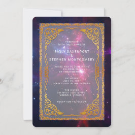 Invitación Nebulosa del espacio cósmico con boda de marco dec