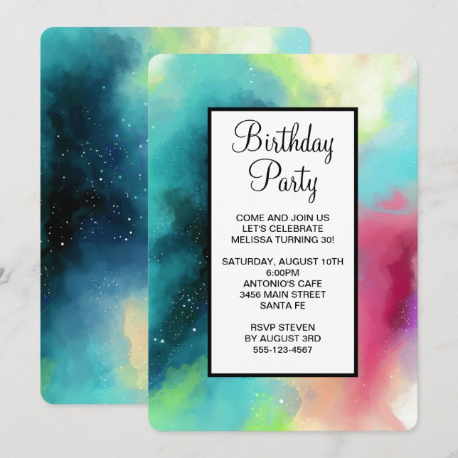 Invitación Nebulosa espacial moderna verde y roja en acuarela (Anverso / Reverso)